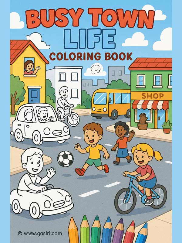 Busy Town Life - Printable Coloring Book –